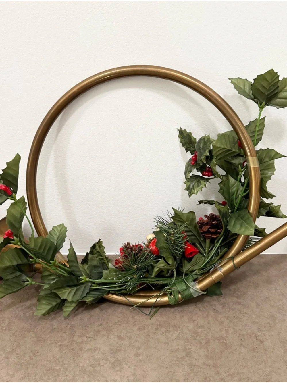 Large Holiday Brass French Horn Wreath Holly Berry Pine Accents Christmas Wreath